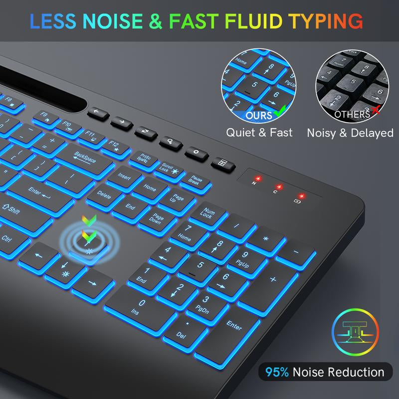 Wireless Keyboard with 7 Colored Backlits, Wrist Rest, Rechargeable Ergonomic Keyboard with Phone Holder, Silent Lighted Full Size Computer Keyboard for Windows, Macbook, PC, Laptop