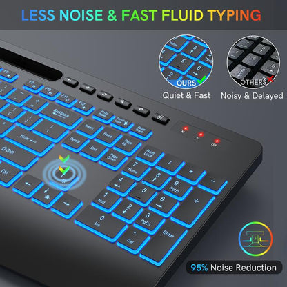 Wireless Keyboard with 7 Colored Backlits, Wrist Rest, Rechargeable Ergonomic Keyboard with Phone Holder, Silent Lighted Full Size Computer Keyboard for Windows, Macbook, PC, Laptop