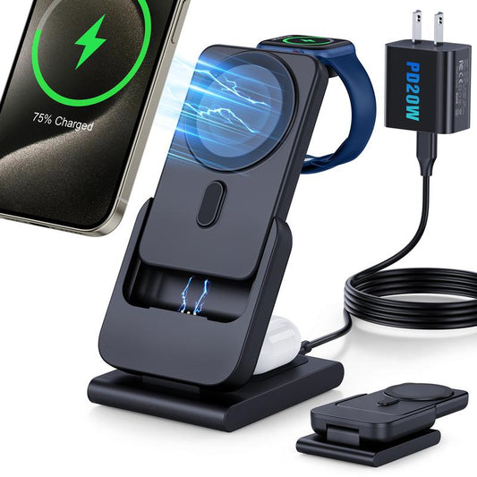 2024 Hot Model RORRY Three-In-One Wireless Charging Base with Magnetic Power Bank [5000Mah Detachable Power Bank] [Base Foldable] with Magnet Ring and Adapter Magnetic Portable Charger Suitable for Iphone 15/14/13/12 Series, Apple Watch and Airpods Mobile