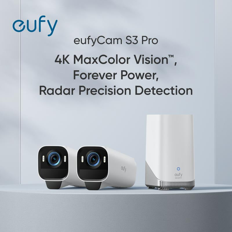 Eufycam S3 Pro 2-Cam Kit, Solar Camera Outdoor Wireless, Maxcolor Night Vision, 4K Security Camera with Solar Panel, Forever Power 2.0, Face Recognition AI, Expandable Local Storage, No Monthly Fee