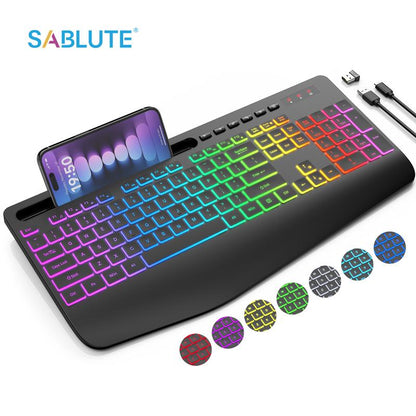 Wireless Keyboard with 7 Colored Backlits, Wrist Rest, Rechargeable Ergonomic Keyboard with Phone Holder, Silent Lighted Full Size Computer Keyboard for Windows, Macbook, PC, Laptop