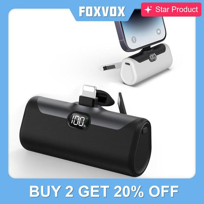 FOXVOX Portable Charger with Build-In Plug, Metal Stand & Flashlight, 5000 Mah for Ios and Andriod Cell Phones, LED Display, Portable Power Bank, Small Battery Packs, Power Bank, Cellphone Accessories Smartphone