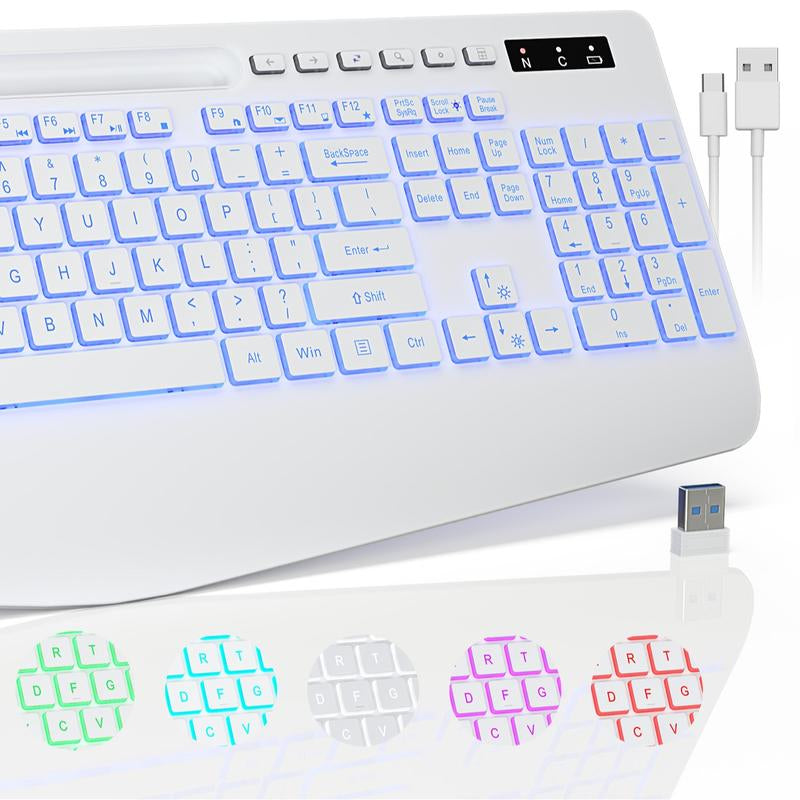 Wireless Keyboard with 7 Colored Backlits, Wrist Rest, Rechargeable Ergonomic Keyboard with Phone Holder, Silent Lighted Full Size Computer Keyboard for Windows, Macbook, PC, Laptop