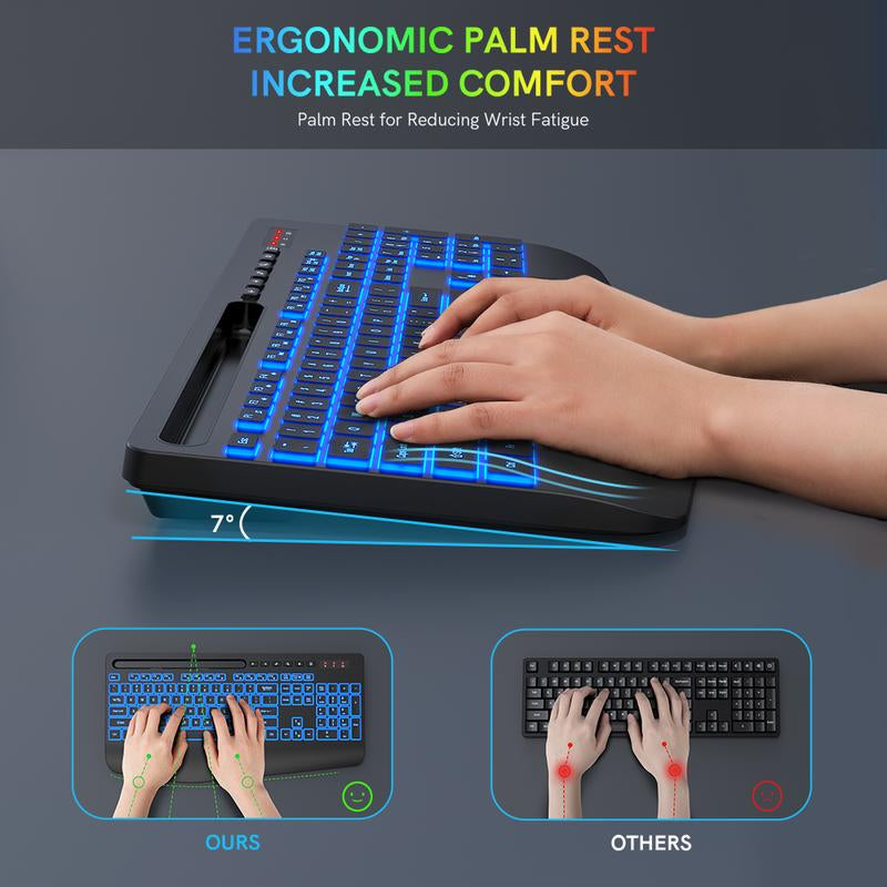 Wireless Keyboard with 7 Colored Backlits, Wrist Rest, Rechargeable Ergonomic Keyboard with Phone Holder, Silent Lighted Full Size Computer Keyboard for Windows, Macbook, PC, Laptop