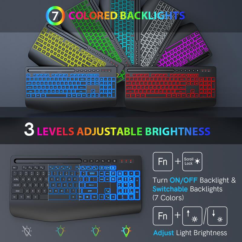 Wireless Keyboard with 7 Colored Backlits, Wrist Rest, Rechargeable Ergonomic Keyboard with Phone Holder, Silent Lighted Full Size Computer Keyboard for Windows, Macbook, PC, Laptop