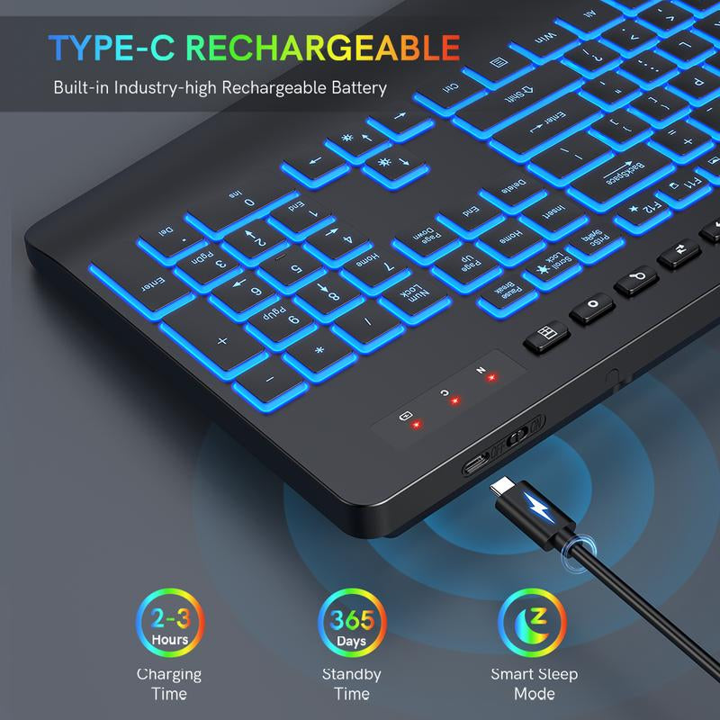 Wireless Keyboard with 7 Colored Backlits, Wrist Rest, Rechargeable Ergonomic Keyboard with Phone Holder, Silent Lighted Full Size Computer Keyboard for Windows, Macbook, PC, Laptop