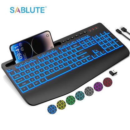 Wireless Keyboard with 7 Colored Backlits, Wrist Rest, Rechargeable Ergonomic Keyboard with Phone Holder, Silent Lighted Full Size Computer Keyboard for Windows, Macbook, PC, Laptop