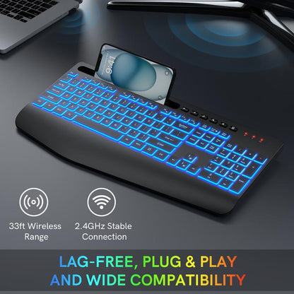 Wireless Keyboard with 7 Colored Backlits, Wrist Rest, Rechargeable Ergonomic Keyboard with Phone Holder, Silent Lighted Full Size Computer Keyboard for Windows, Macbook, PC, Laptop