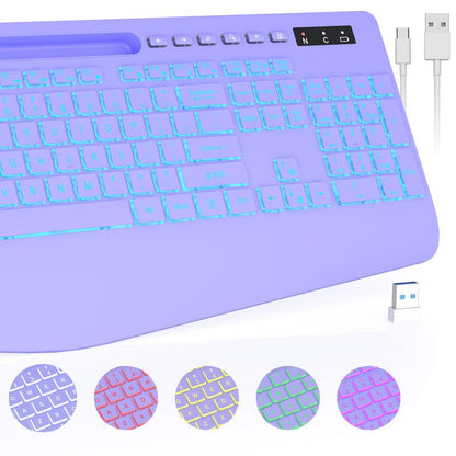 Wireless Keyboard with 7 Colored Backlits, Wrist Rest, Rechargeable Ergonomic Keyboard with Phone Holder, Silent Lighted Full Size Computer Keyboard for Windows, Macbook, PC, Laptop