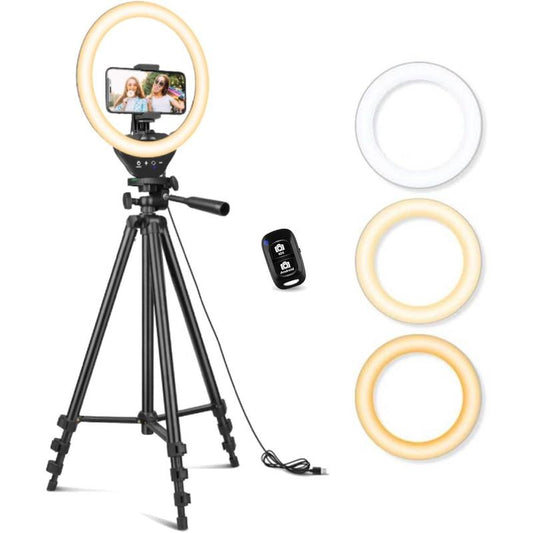 10'' Ring Light with 50'' Extendable Tripod Stand, LED Circle Lights with Phone Holder for Live Stream/Makeup/Youtube Video/Tiktok, Compatible with All Phones